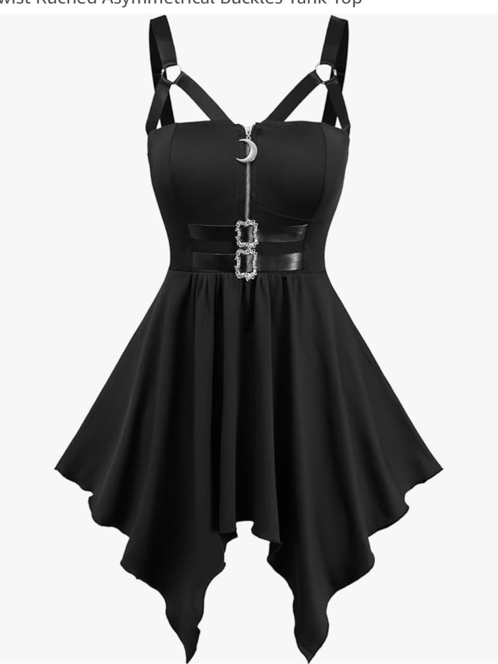 Black Asymmetrical Handkerchief Hem Dress with Buckle Detail